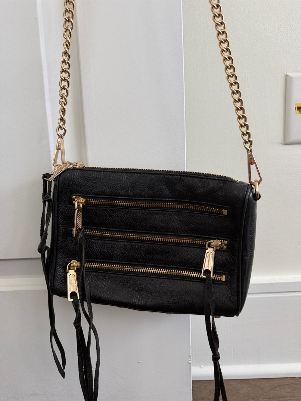 Rebecca Minkoff Black Leather Crossbody with Gold Chain Strap
